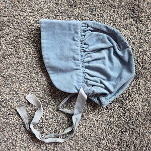 Vintage  light blue corduroy baby bonnet with chin ties.